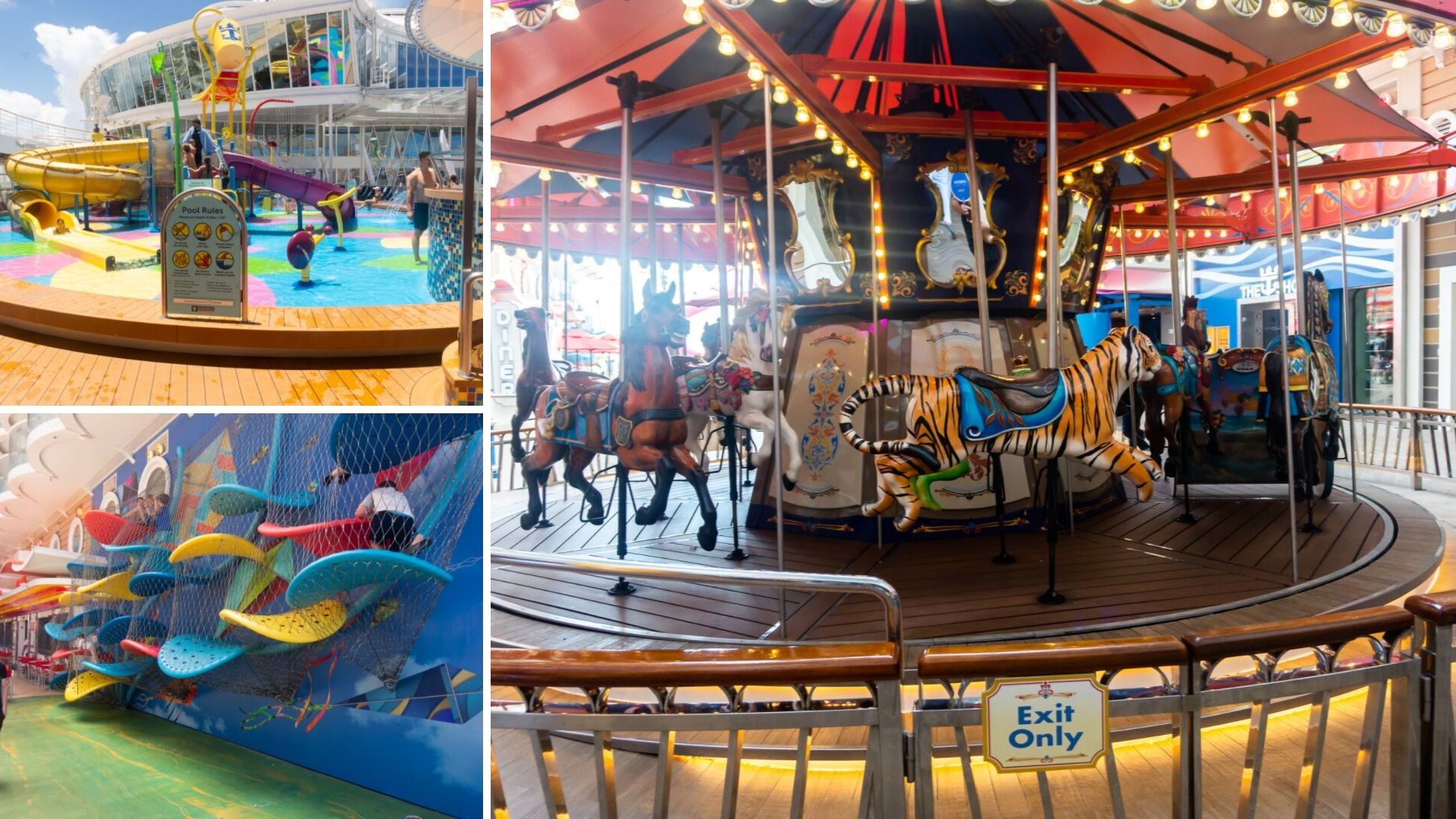Carousel and climbing wall in the Boardwalk Neighborhood and a splash pad for kids on the Harmony of the Seas