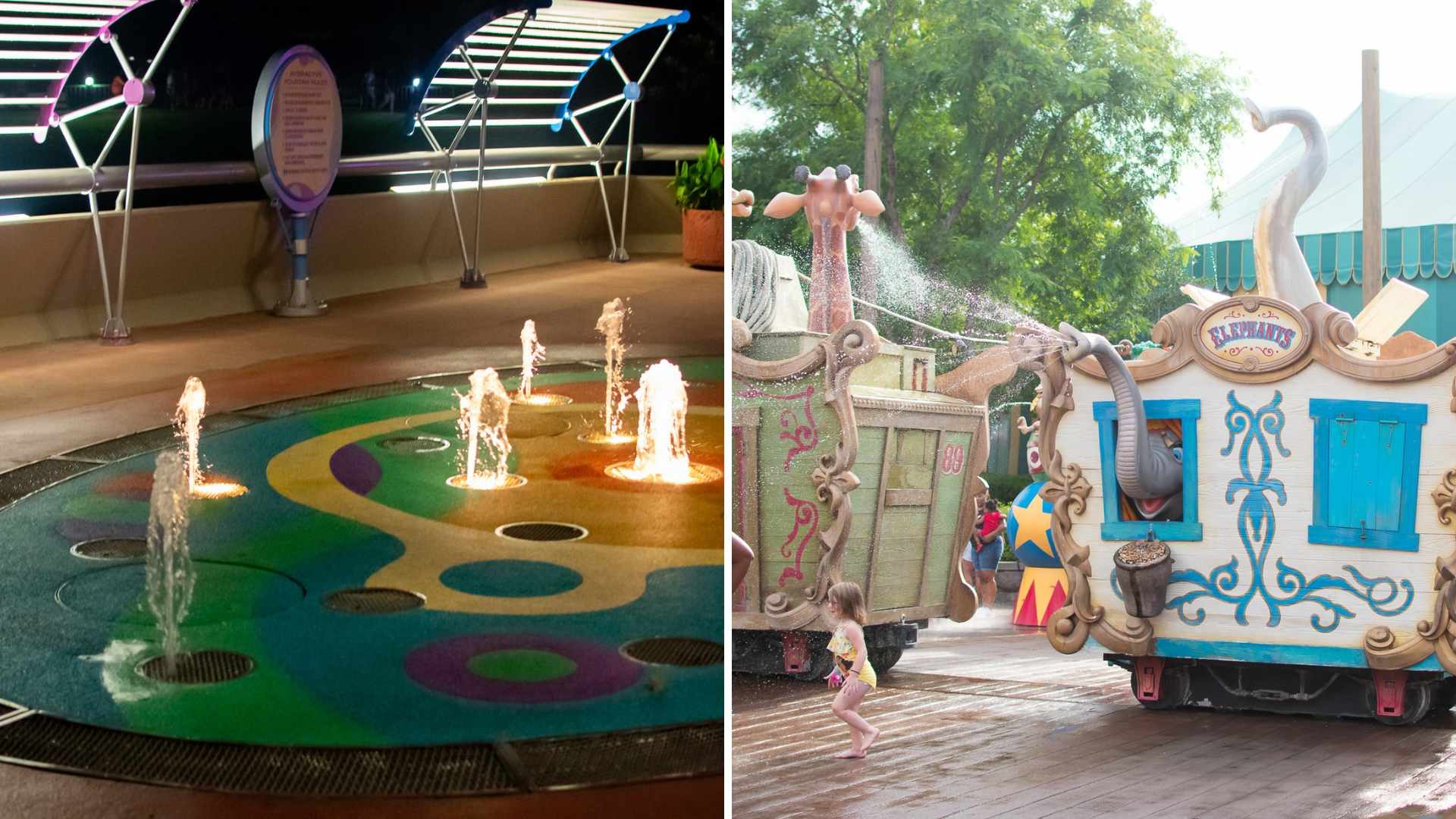 splash pads at Epcot and water play area in magic kingdom