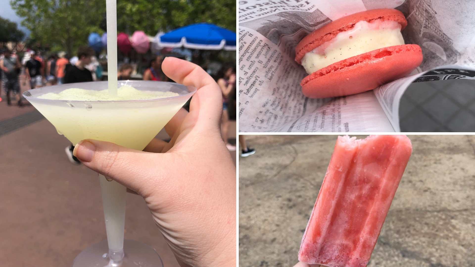 Grey Goose Lemon Slushy and Macaroon Ice cream Sandwich in France in Epcot and a strawberry bar