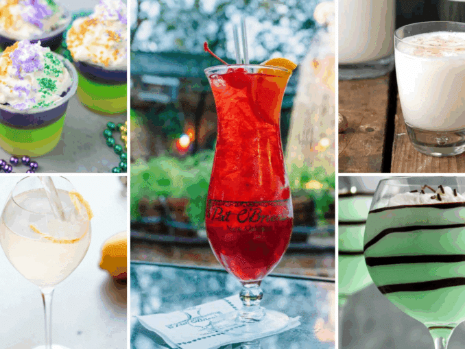 Cocktails that are inspired by the city of New Orleans including Brandy Milk Punch, Hurricane, French 75, Grasshopper and Mardi Gras Jello Shots