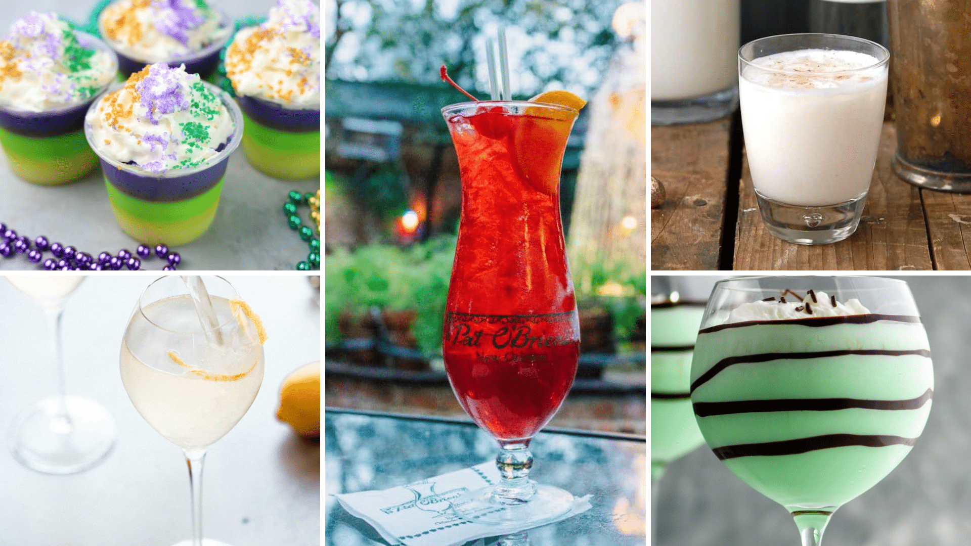 Cocktails that are inspired by the city of New Orleans including Brandy Milk Punch, Hurricane, French 75, Grasshopper and Mardi Gras Jello Shots