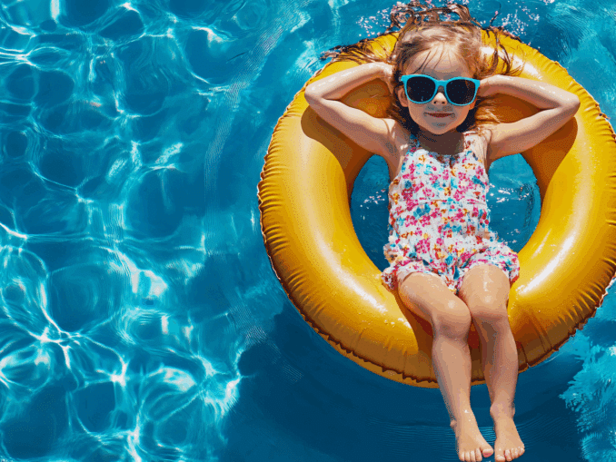 Little girl in a yellow float cooling off in a pool in New Orleans